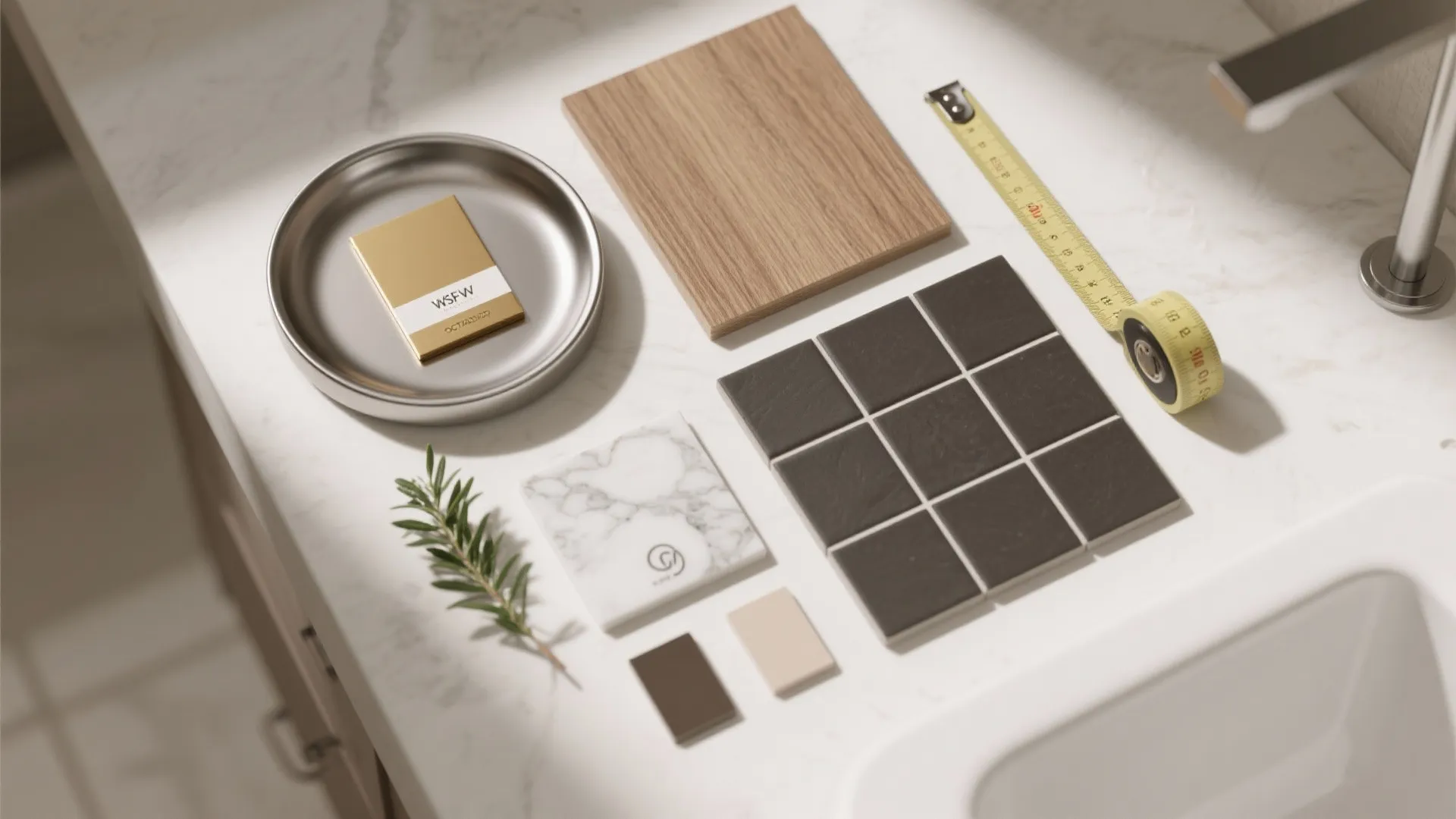 Top-down flatlay of brushed nickel plate, brass swatch, wood veneer, marble tile and paint chips for bathroom planning