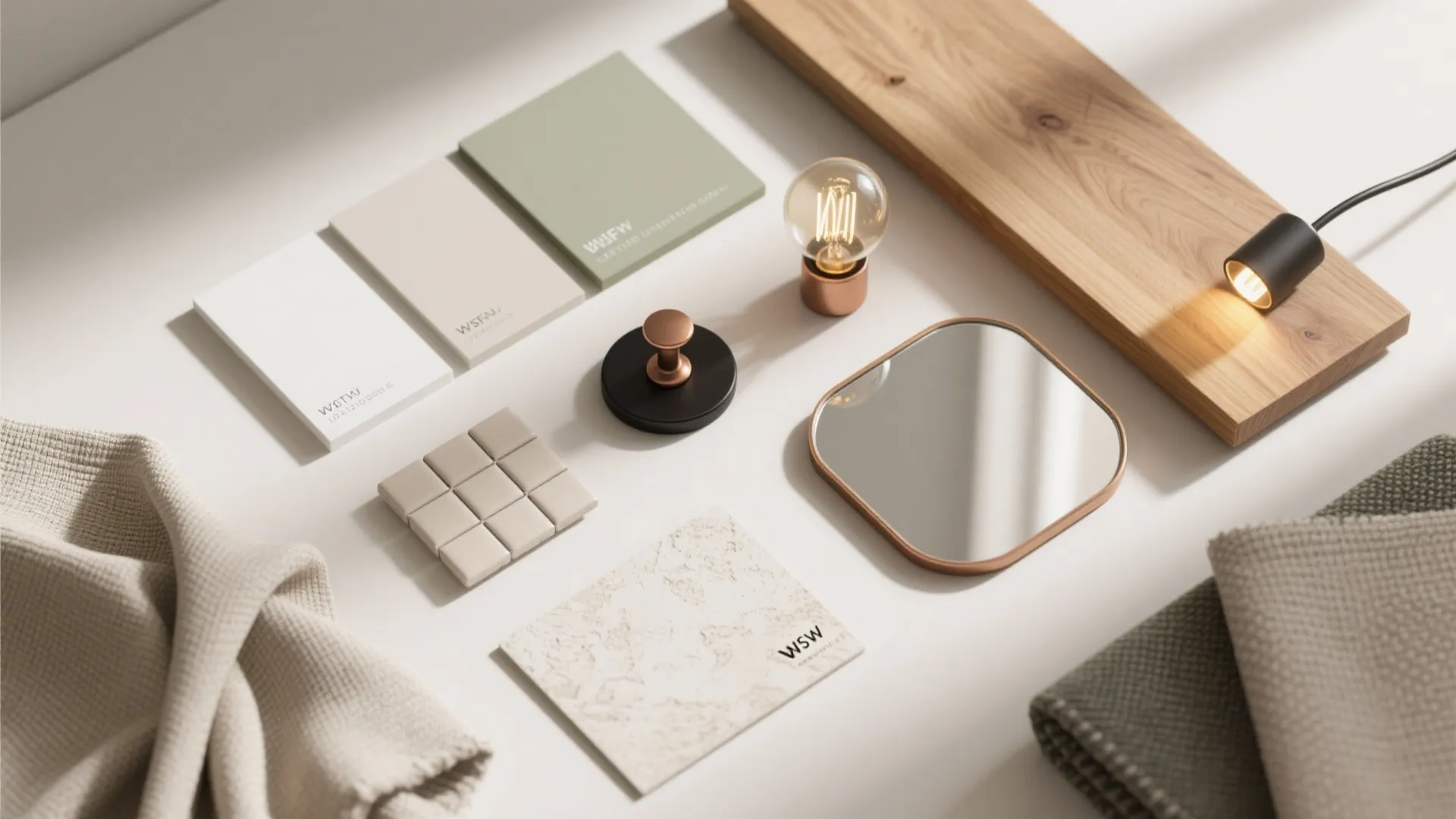 Interior design materials collection with color samples wood board small mirror and light bulb on table