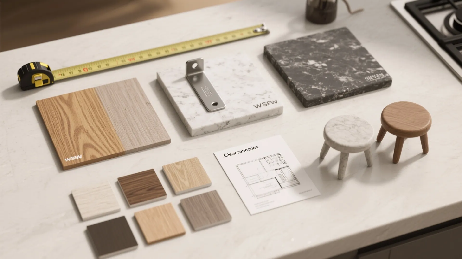 Material samples including wood and stone with a yellow measuring tape and a floor plan