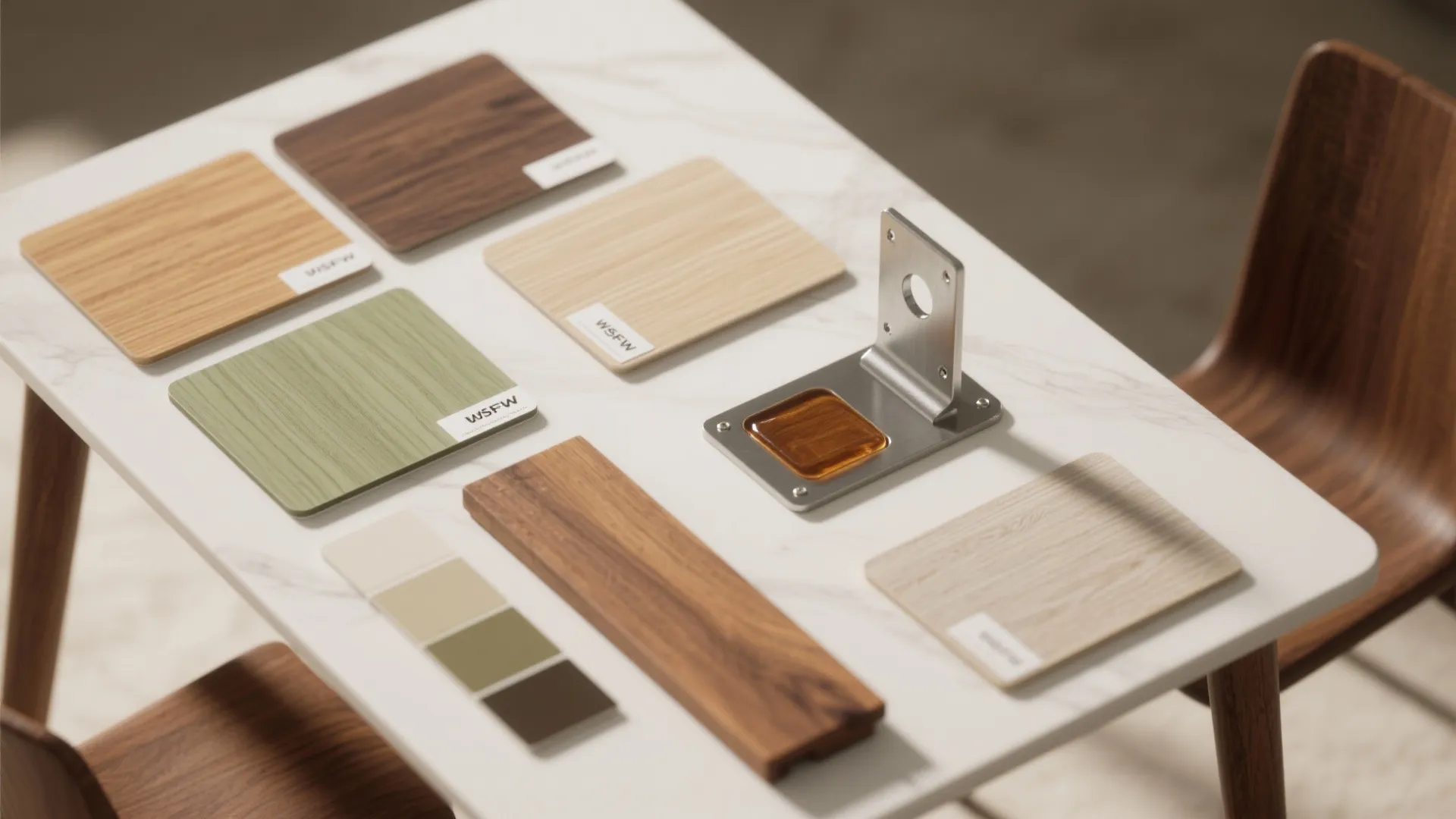 Top-down flatlay of hardwood and laminate samples, color chips and hardware samples for choosing a table finish.