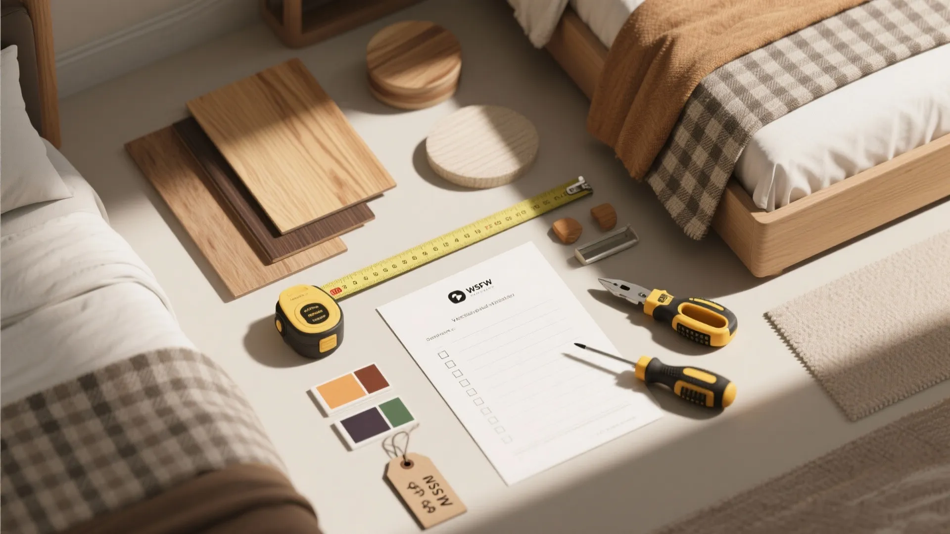 Floor design materials with tape measure wood samples color swatches and tools on bedroom floor