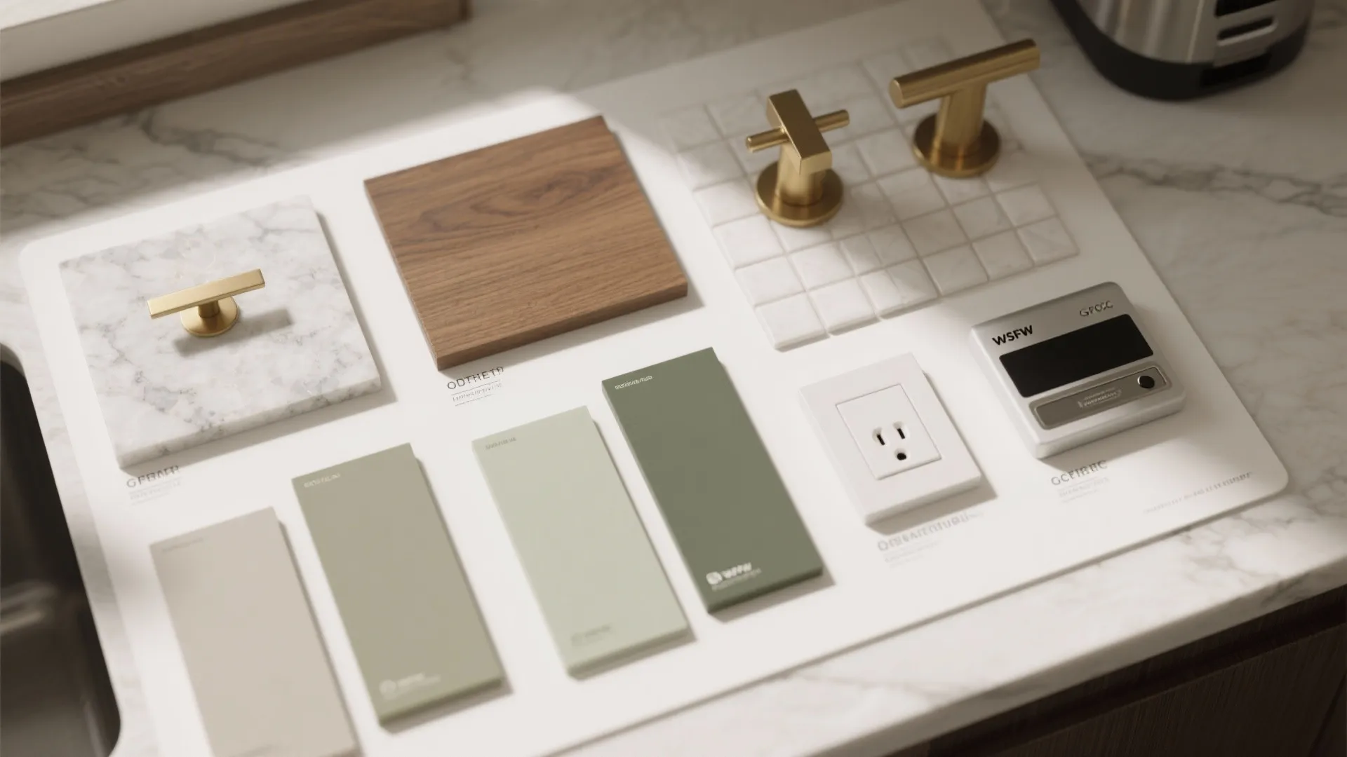 Interior design material board with green color samples wood tiles gold handles and white marble