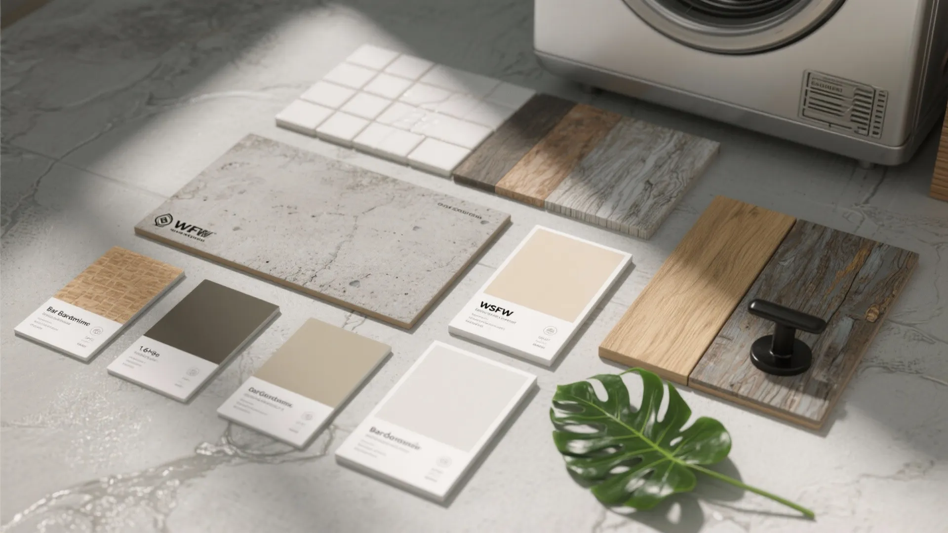 Interior design materials flat lay featuring wood samples color swatches tiles and a green leaf