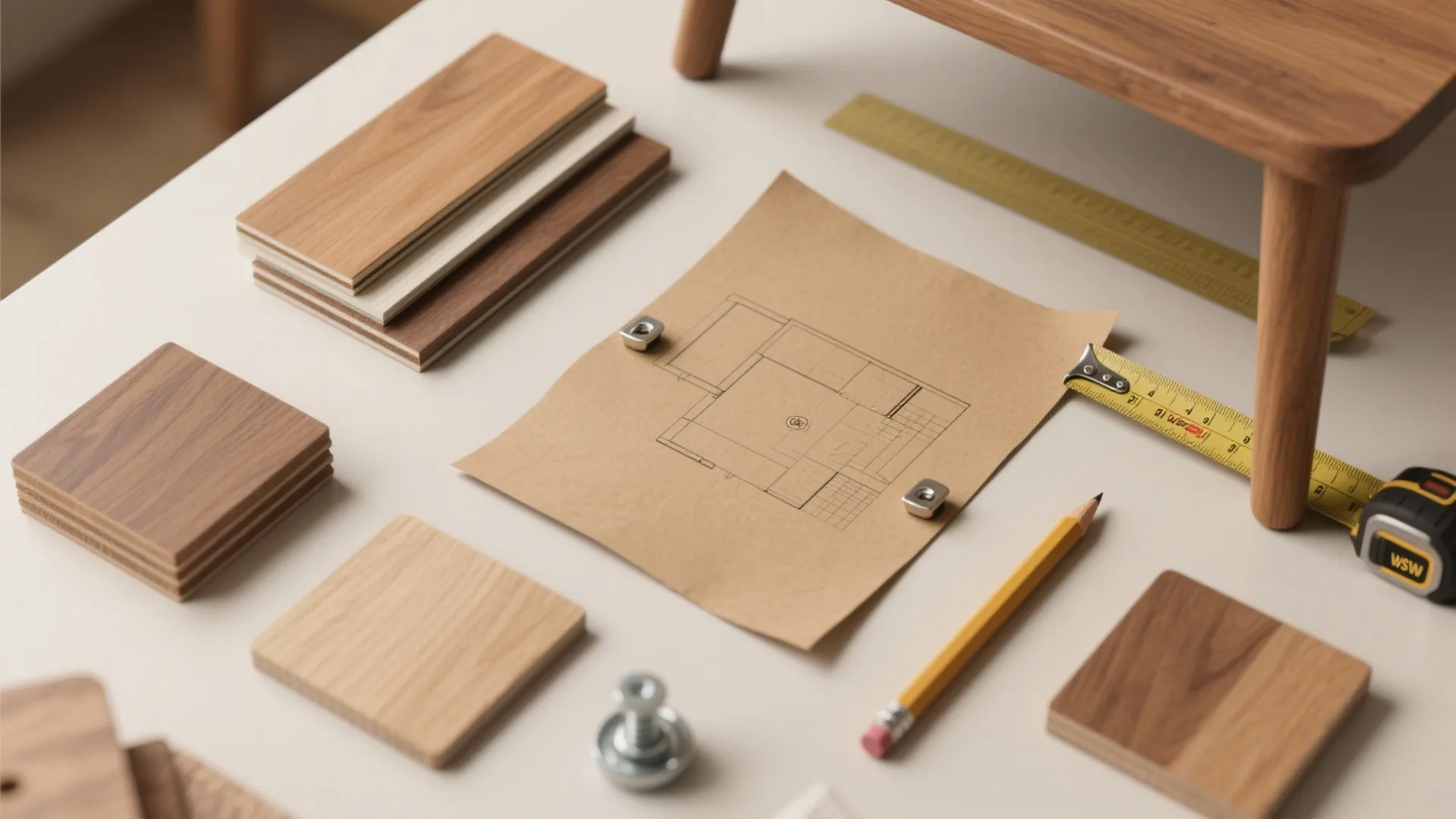 Wood samples and interior design drawing on white table with pencil ruler and yellow tape measure