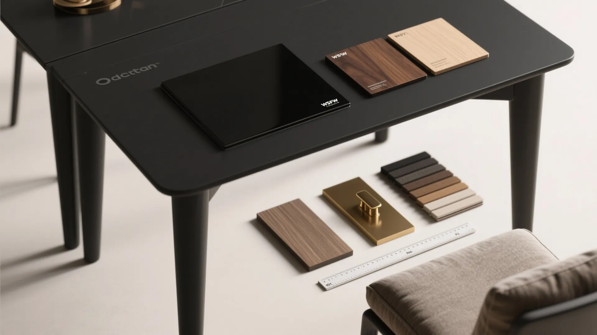 Collection of interior design material samples including wood tiles and metal hardware on black table