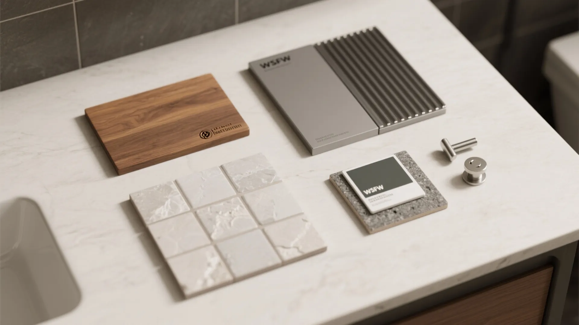 Top-down flatlay of material samples for bathroom tables: sealed teak, powder-coated metal, stone composite and waterproof paint swatches.