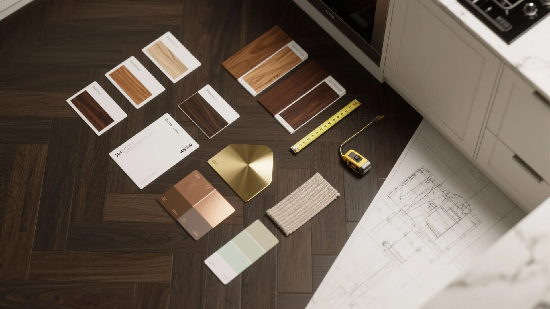 Interior design floor plan with wood samples measuring tape and color swatches on dark flooring