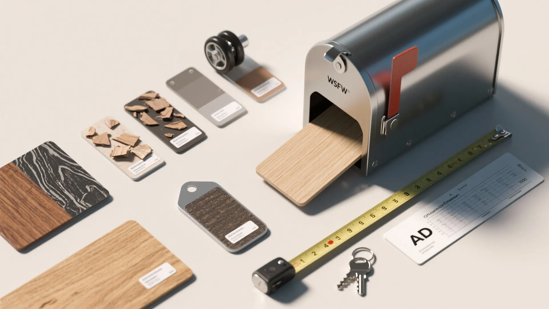 Flatlay of mailbox material samples: metal swatches, laminate, wood veneer, caster wheel and label tabs