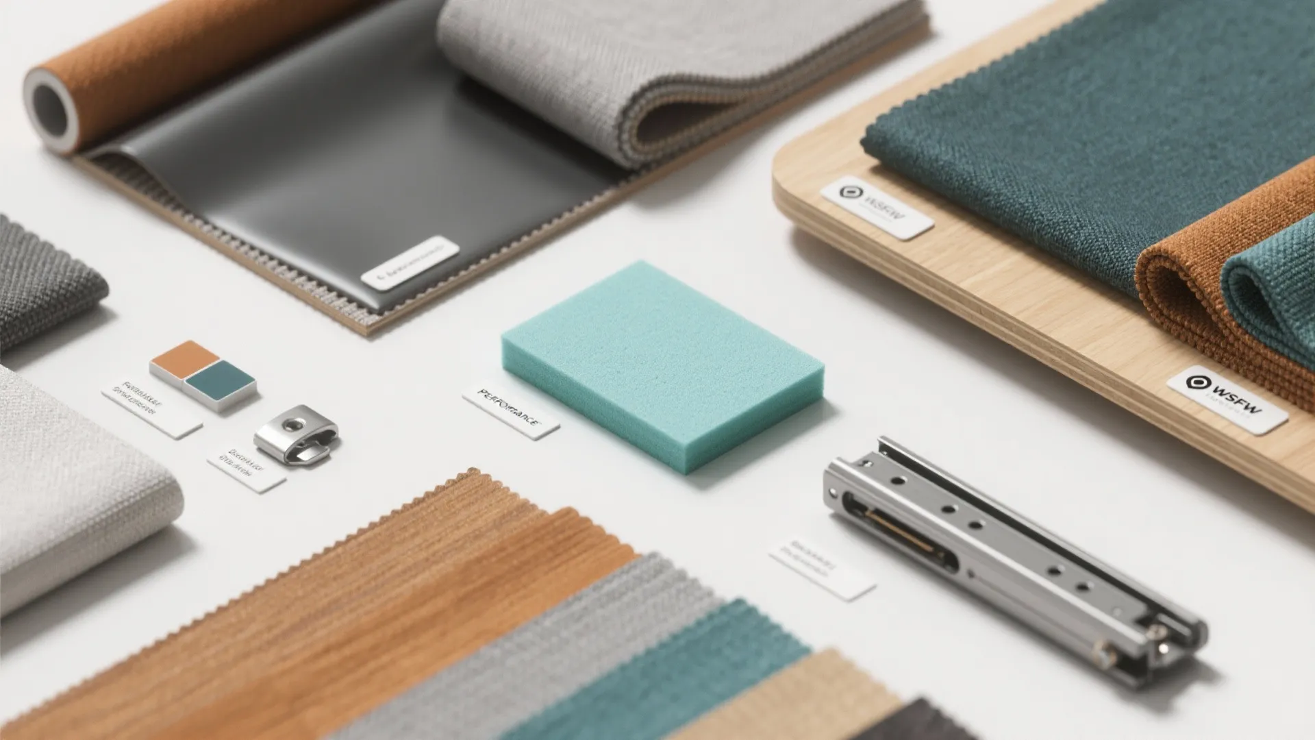 Interior design materials flatlay showing colorful fabric swatches wood samples and metal furniture hardware parts