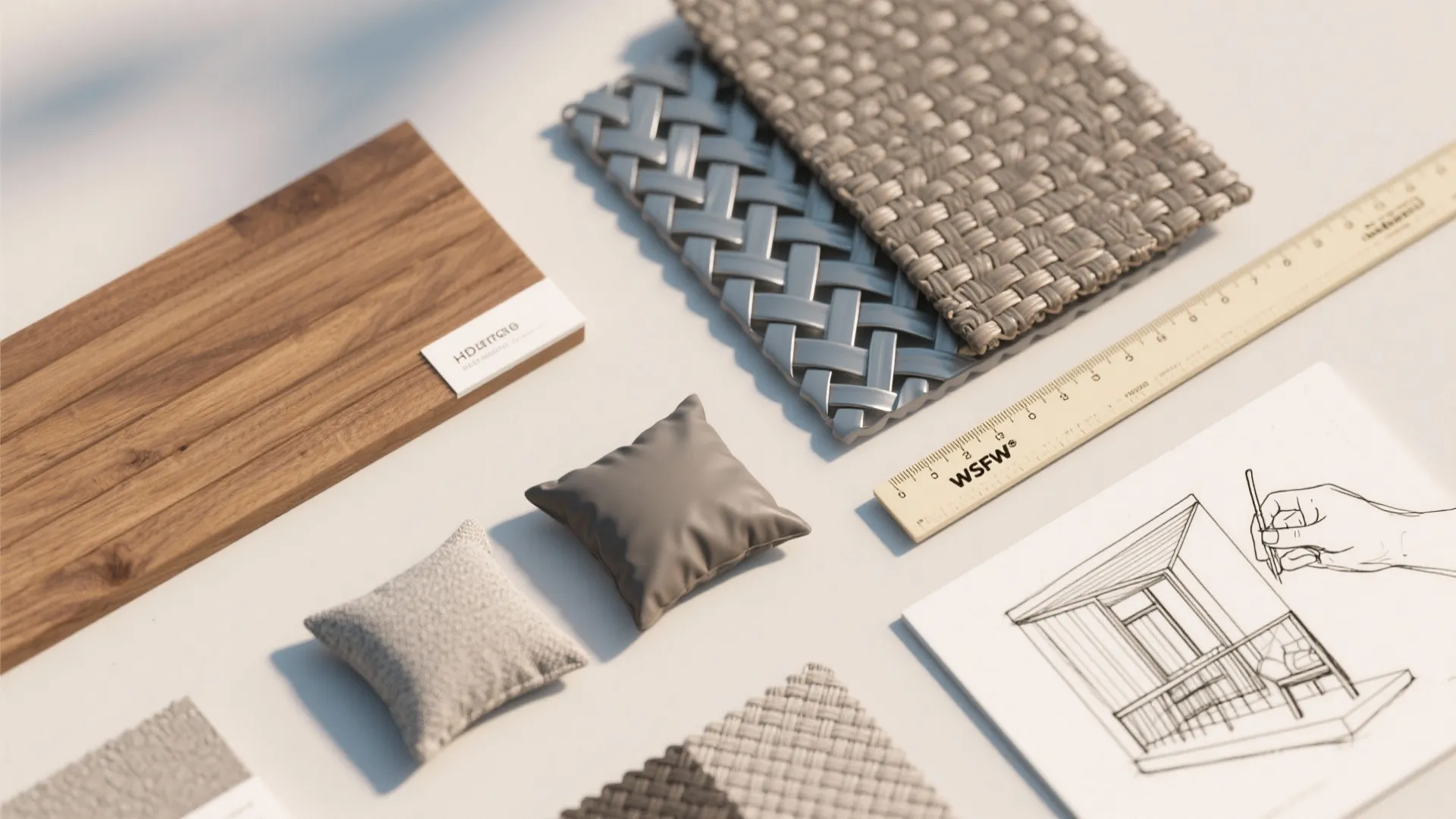 Top-down flatlay of teak, powder-coated metal, HDPE wicker swatches, cushions and a scaled mock-up sketch.