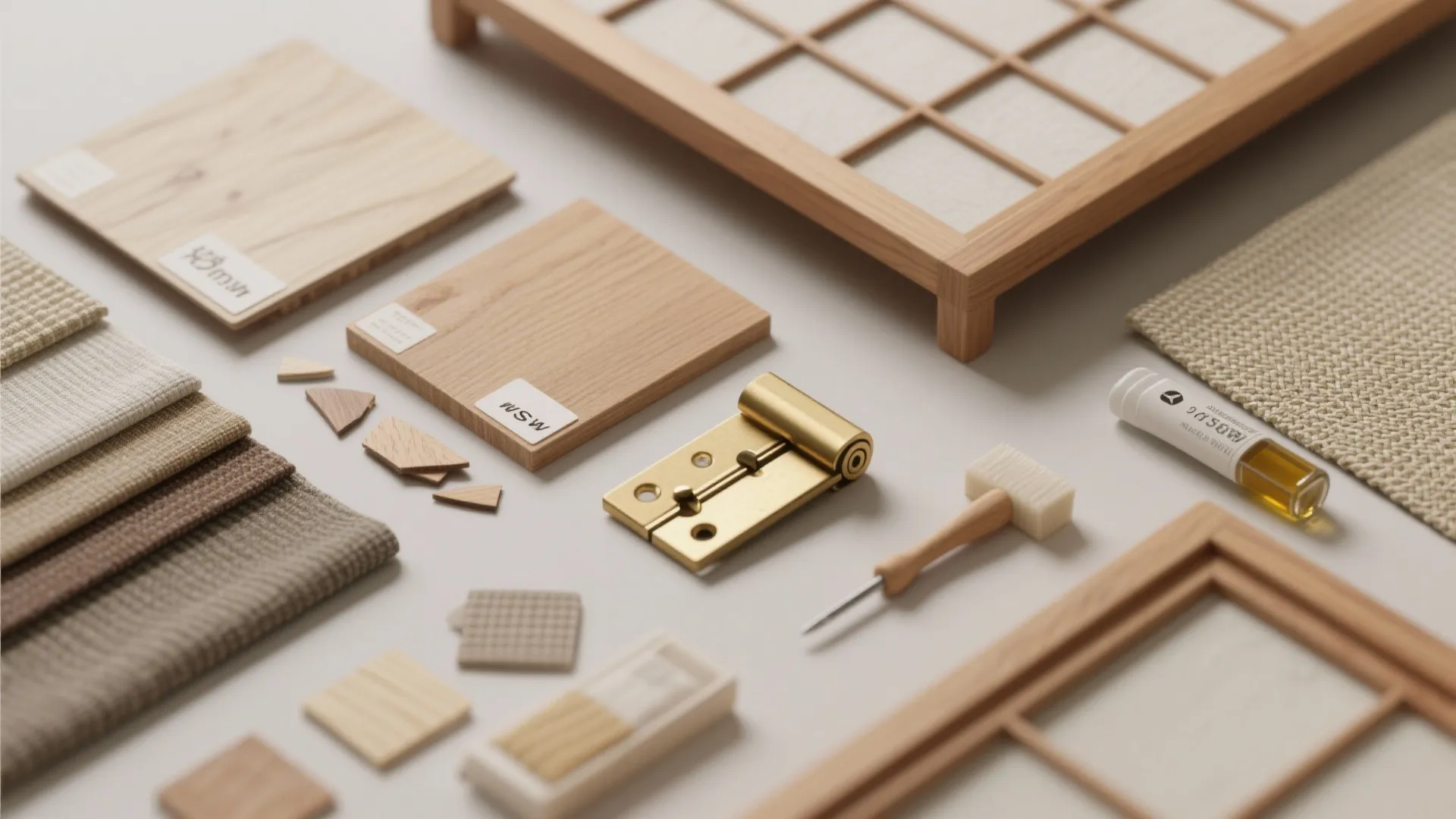 Interior design material samples including wood tiles fabric swatches metal hardware and small tools overhead