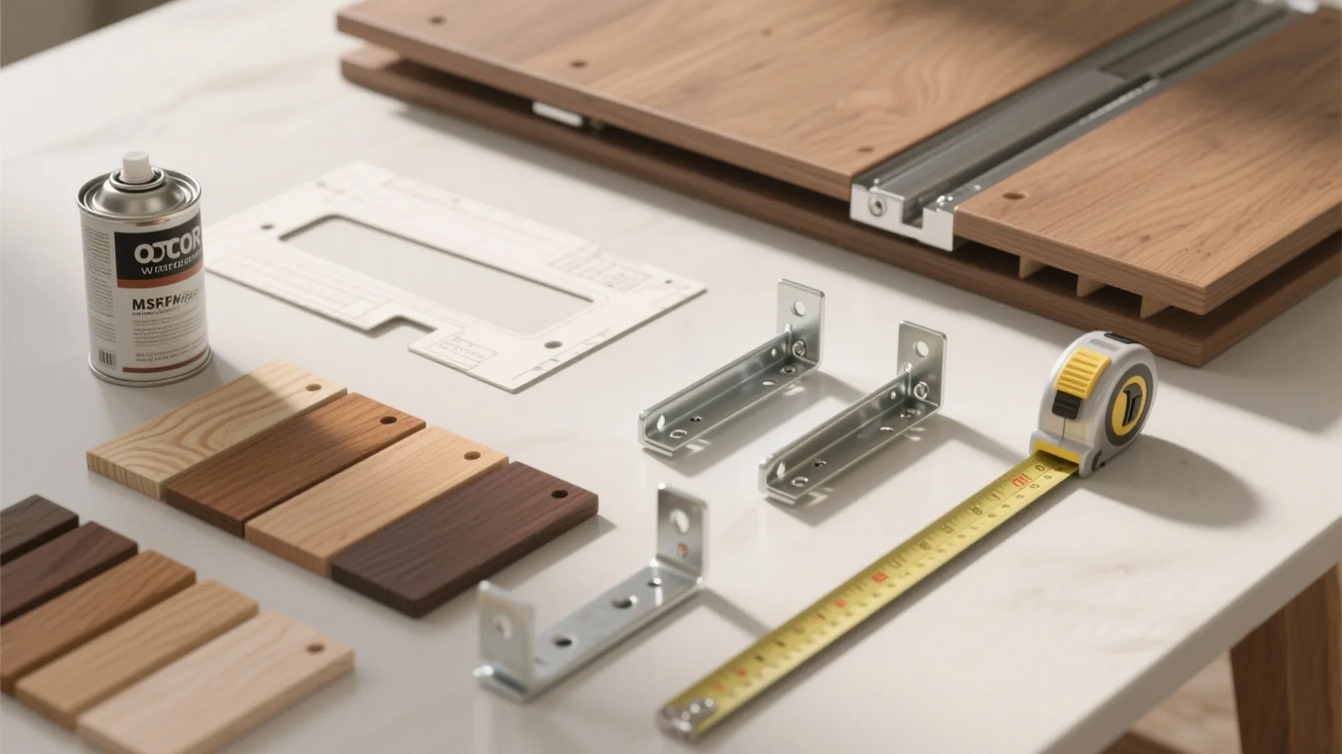Flatlay of hinge kits, wood swatches and tools for building or upgrading a drop-leaf table.