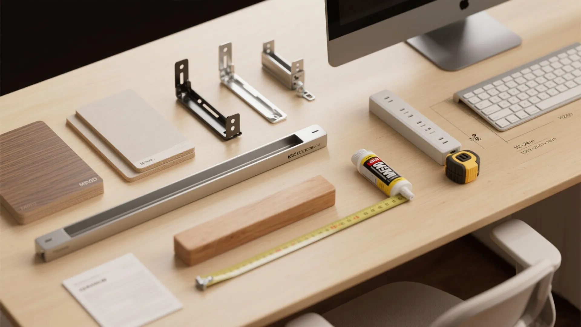 Interior design tools and wood samples on a desk with a computer keyboard and tape