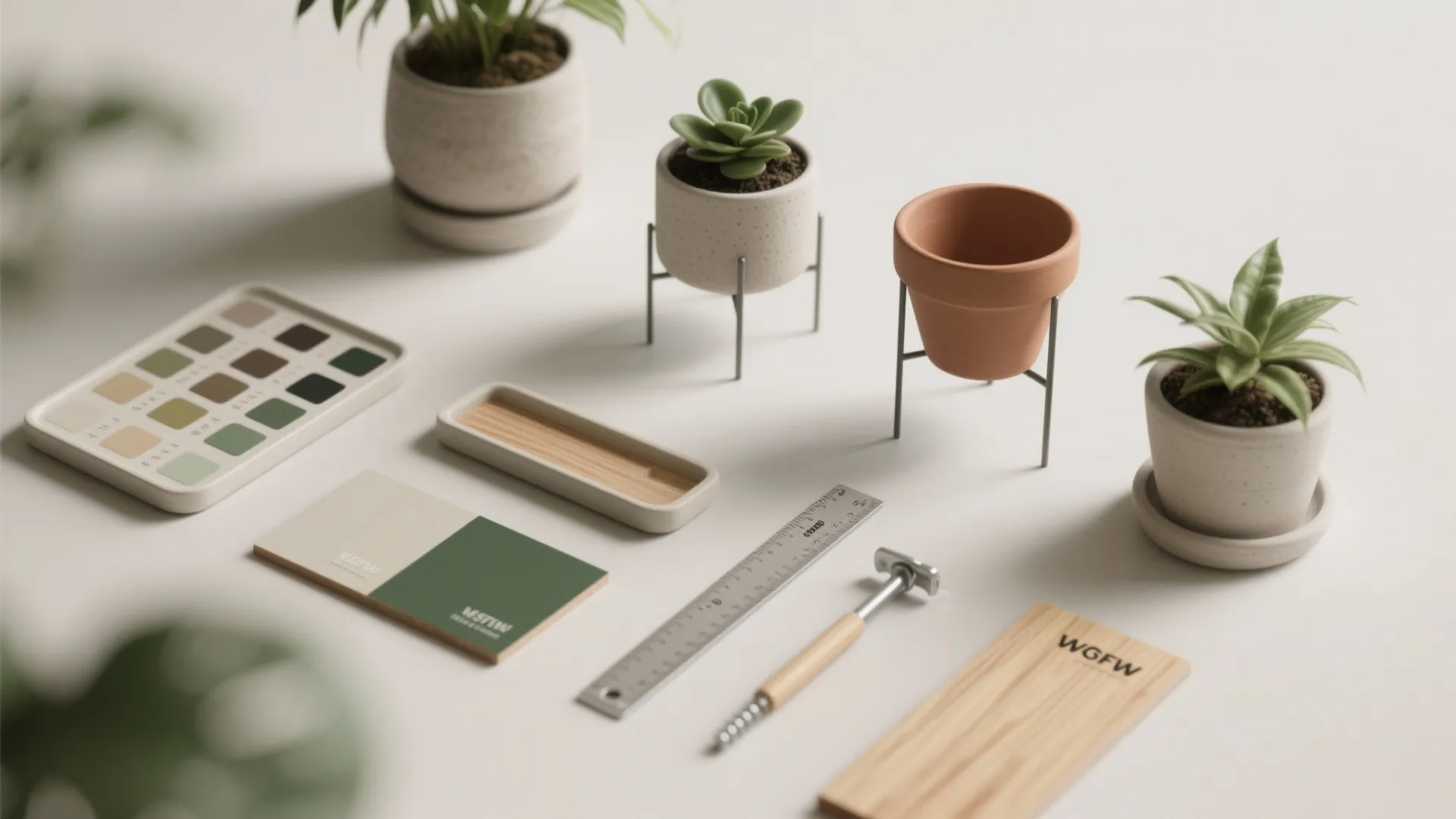 Interior design materials flatlay with color palette wood samples ruler and small green potted plants