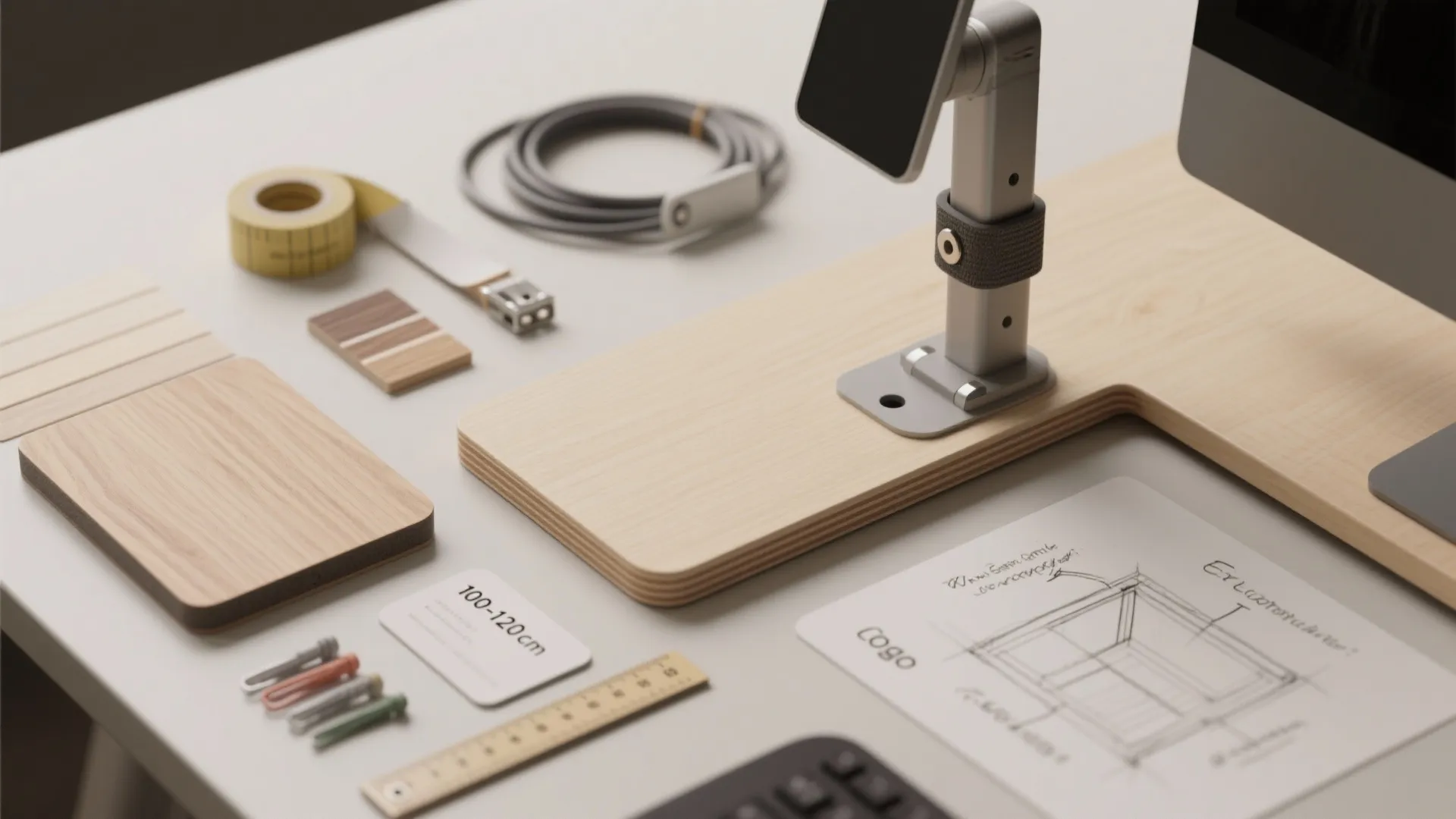 Interior design materials flatlay with wood samples ruler drawing and desk accessories on white table