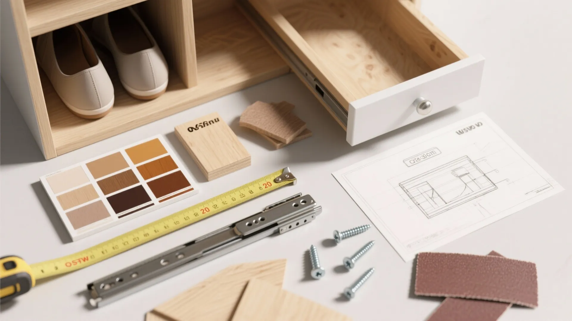 Cabinet parts with tape measure plus wood samples and a design drawing on a white surface