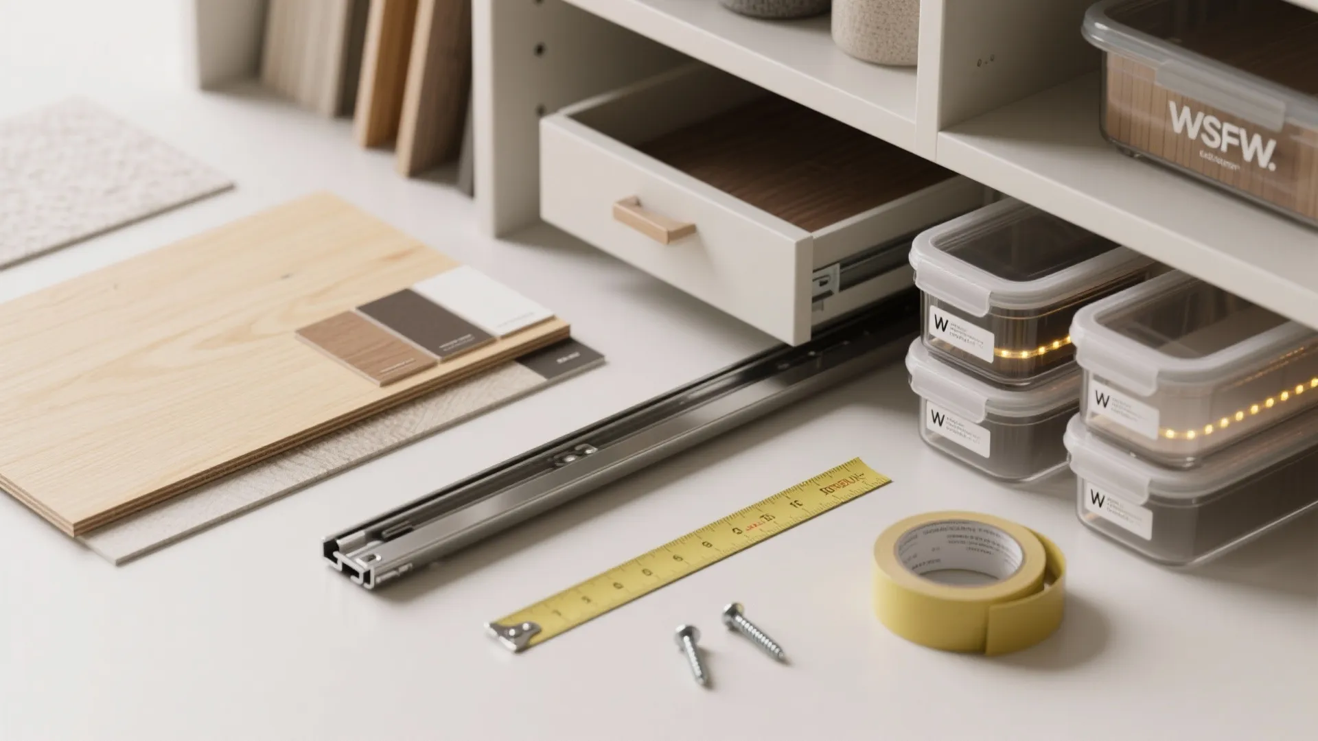 Interior design materials including wood samples measuring tape drawer slides and screws on a white table