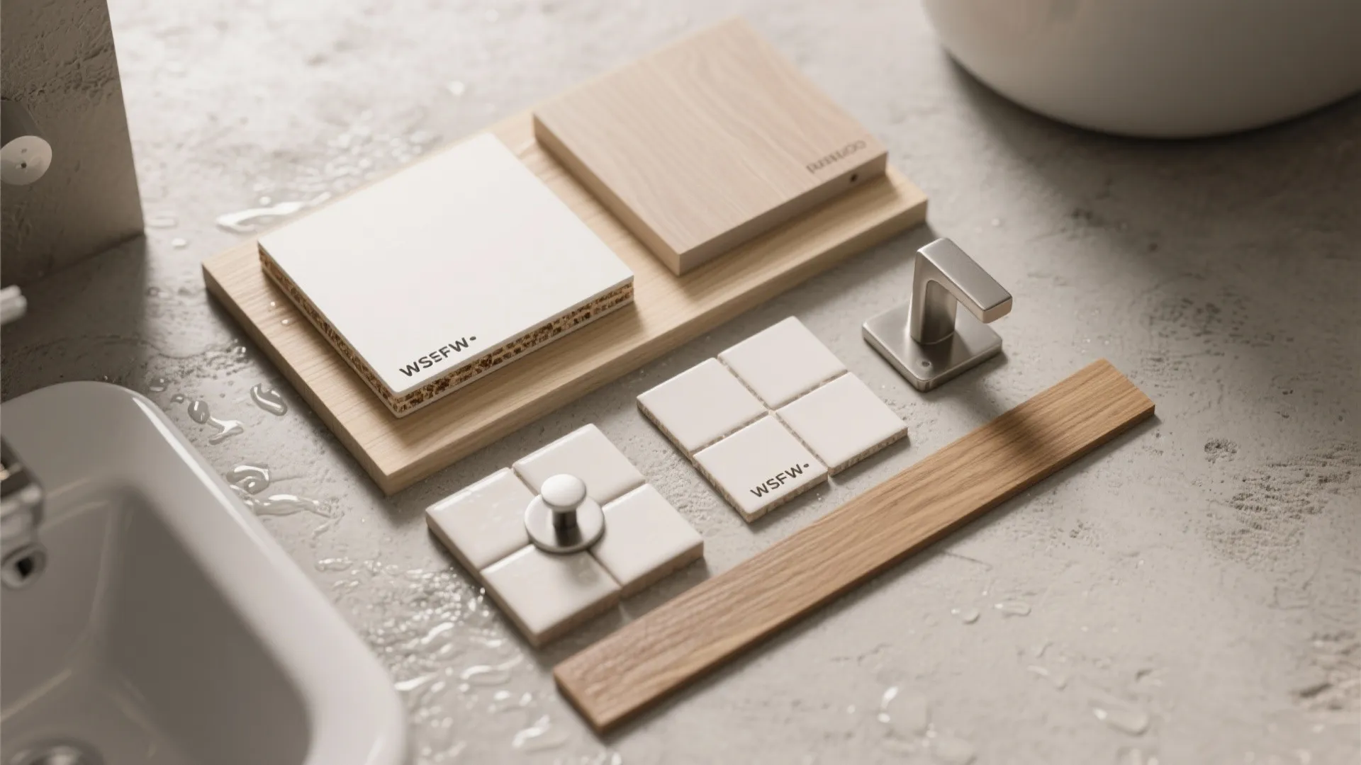 Interior design materials including wood samples white tiles and metal hardware on a grey surface