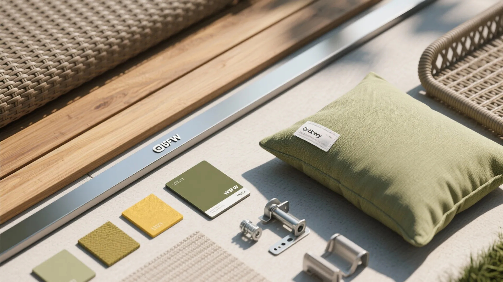 Outdoor design material flat lay with green cushion fabric swatches metal parts and wooden decking