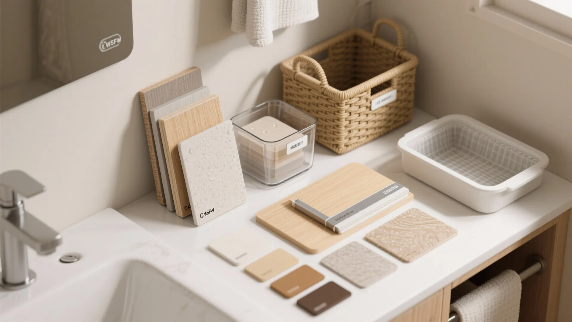 Selection of bathroom material samples including wood tiles and color swatches on a white counter