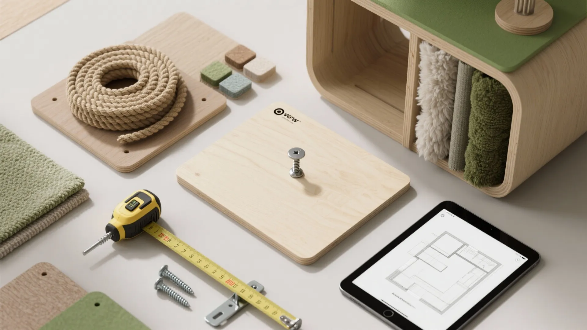 Wood boards rope screws tape measure and tablet showing a room layout for DIY furniture