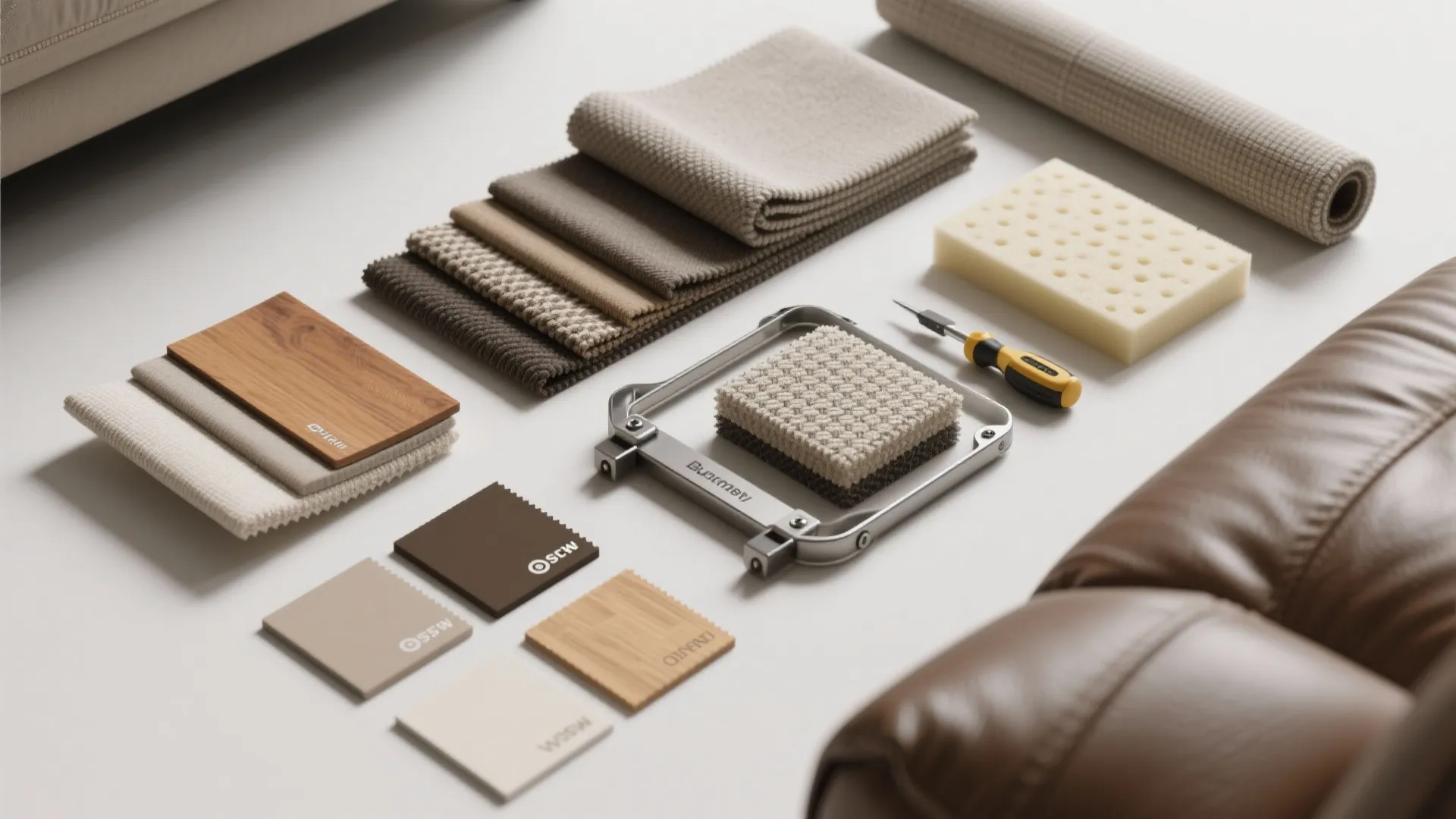 Collection of interior design material samples including fabric swatches wood panels and small foam blocks
