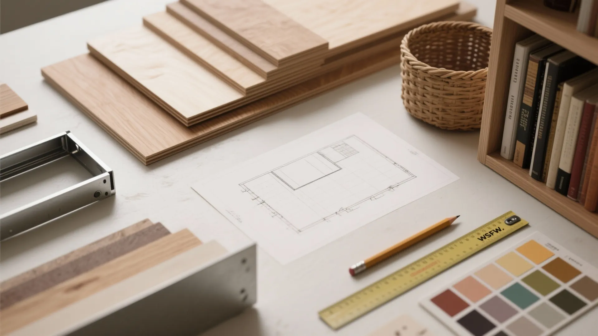 Desk with wood floor samples, interior design drawing, yellow ruler, color swatches, and small basket