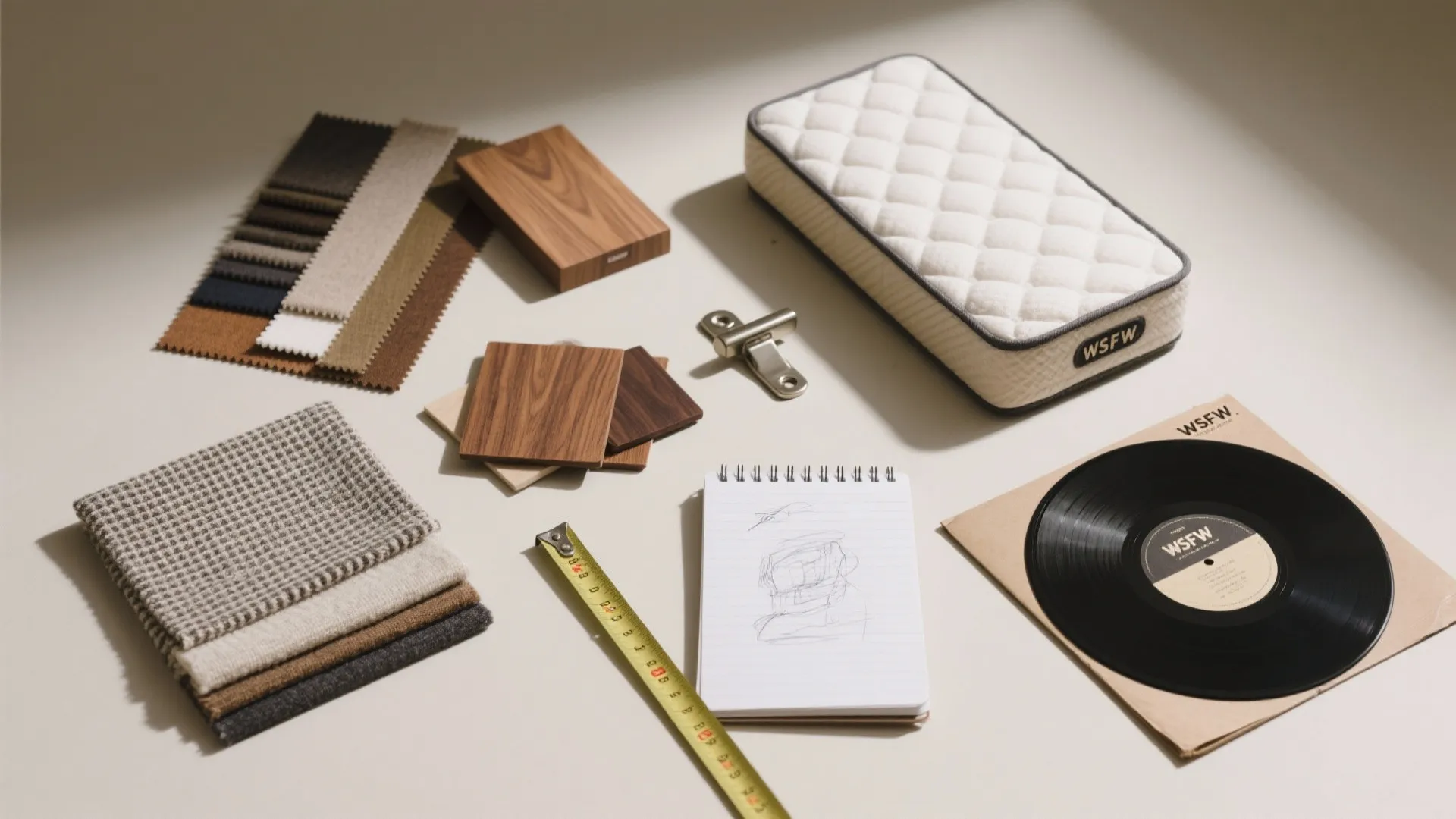 Interior design materials including wood samples fabric swatches tape measure and notebook on a table