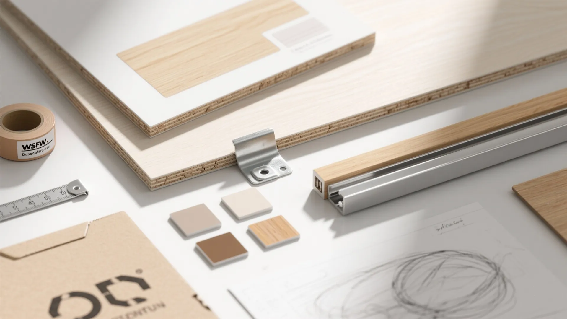 Material flatlay of MDF, laminate, Baltic birch sample, soft-close slide hardware, and paint swatches for budget desk planning.