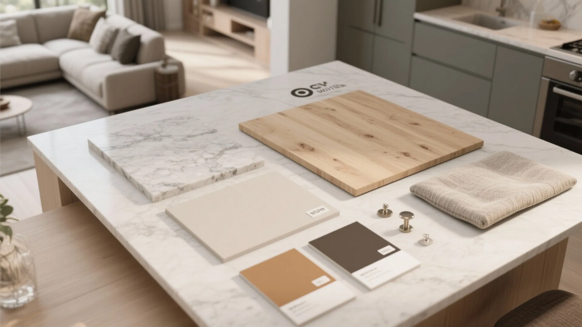 Interior design materials including marble stone and wood samples on a white marble kitchen counter