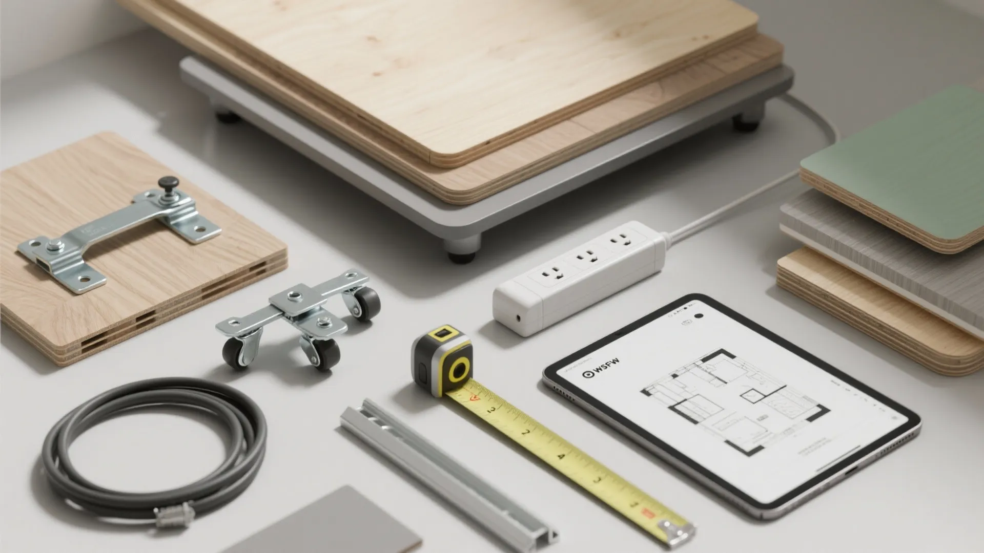 Interior design tools including measuring tape wood samples power strip and tablet showing a floor plan