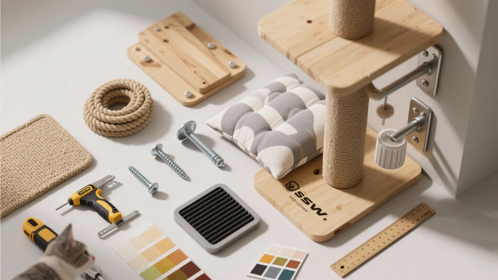 Flatlay of materials and tools: plywood, sisal rope, cushions, metal brackets, anchors, and a charcoal filter cartridge for cat tower builds.