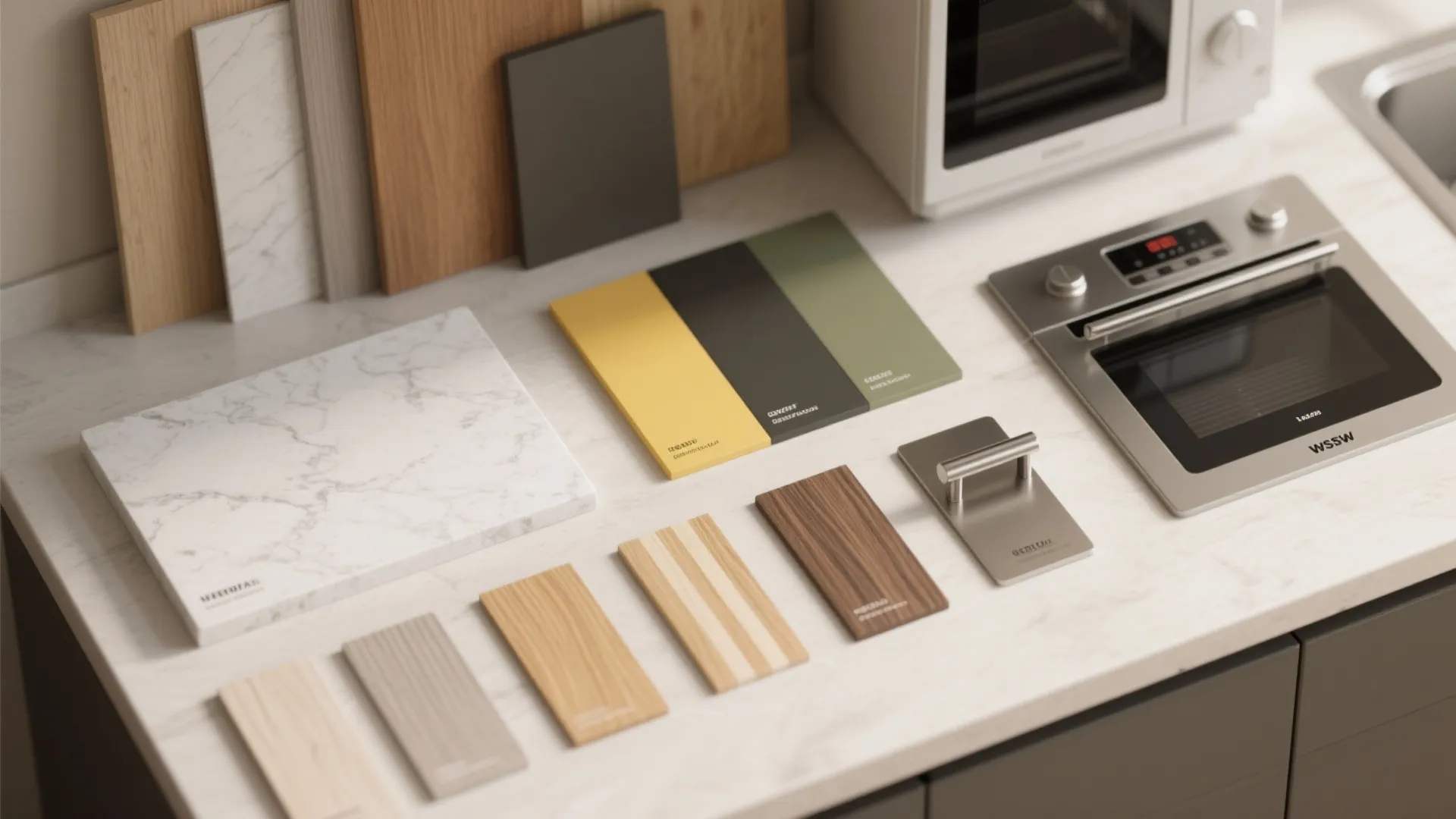 Top-down flatlay of sample materials and color chips for small kitchen finishes and hardware.