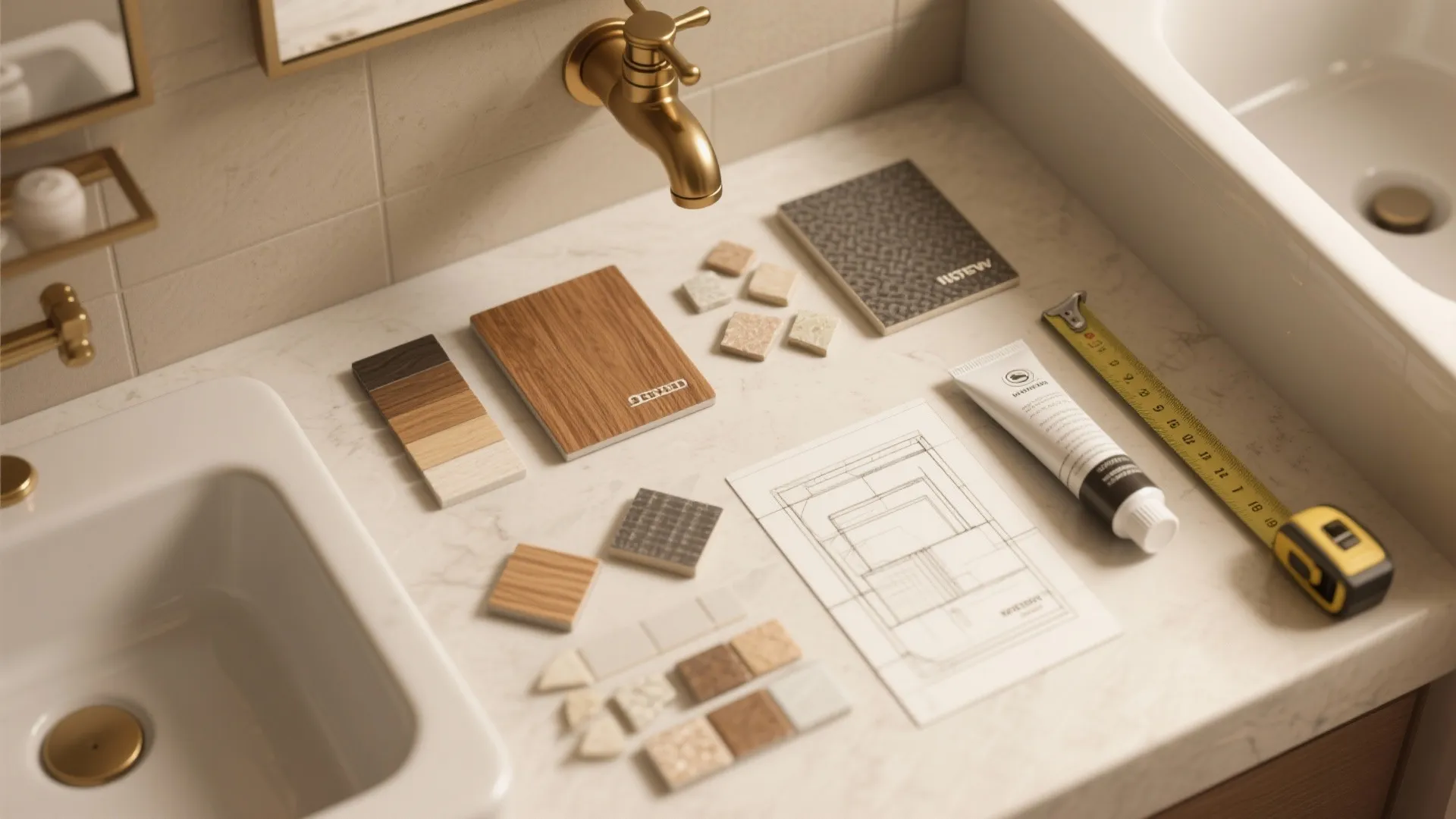 Interior design drawing with wood samples and tiles on a white counter next to sink