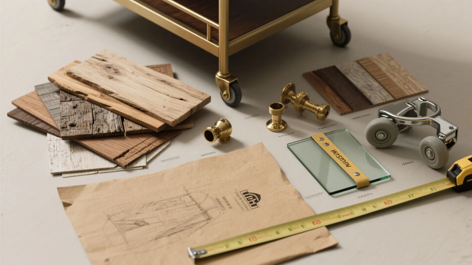 Top-down flatlay of wood swatches, brass fittings, caster wheels and tools for building a small bar cart