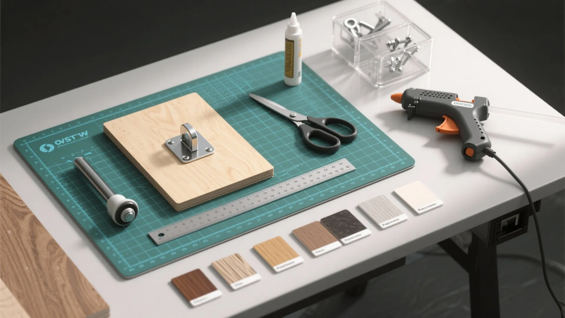 Top-down flatlay of craft-table materials and tools including cutting mat, plywood sample, hinges, casters, finish swatches and labeled bins.