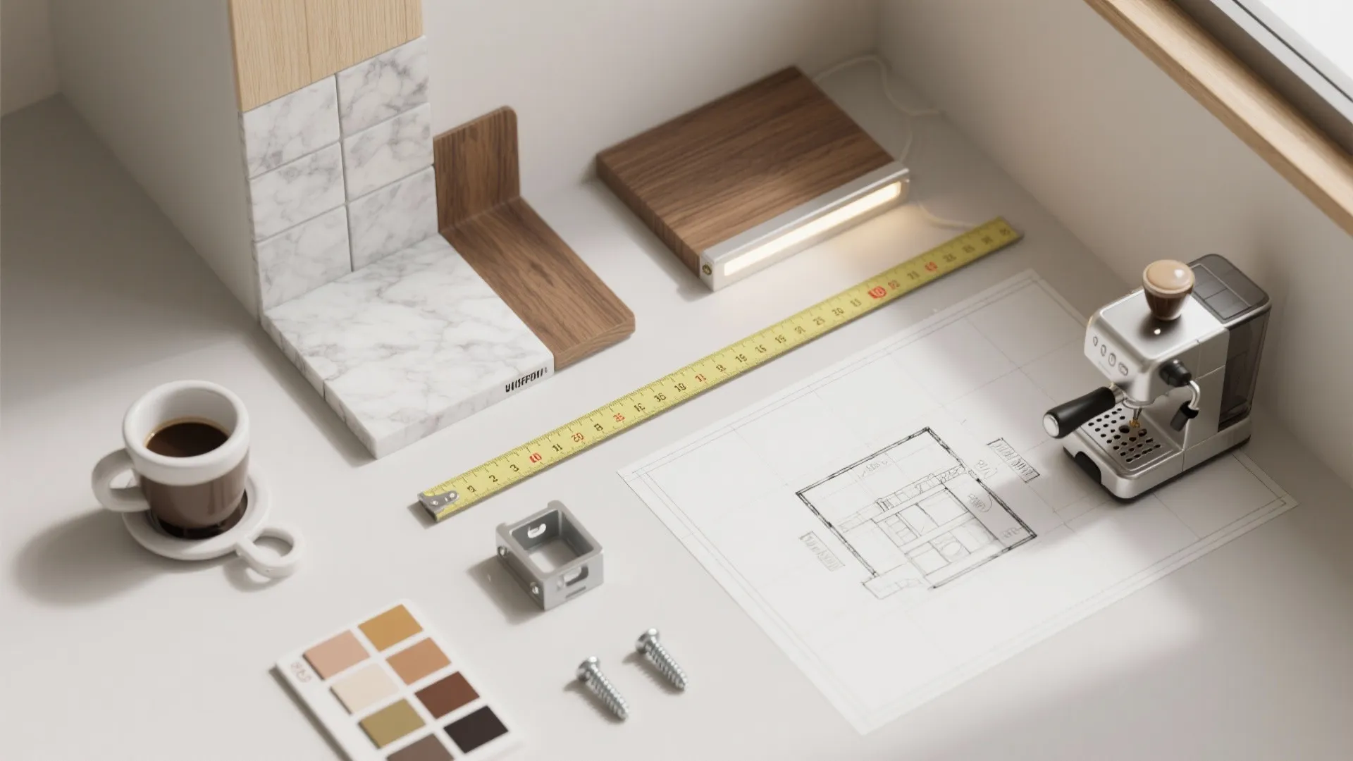 Top-down flatlay of material samples and tools for planning a compact coffee nook.