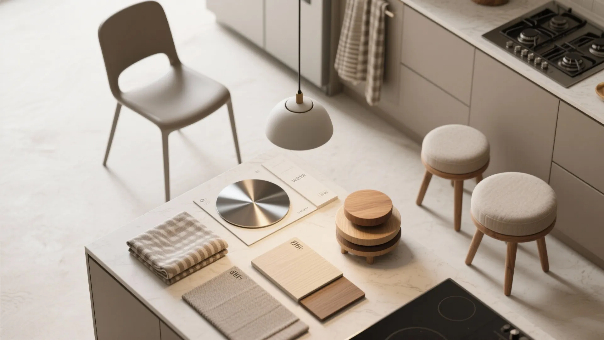 Interior design kitchen counter with material samples fabric swatches wood pieces and a ceiling light