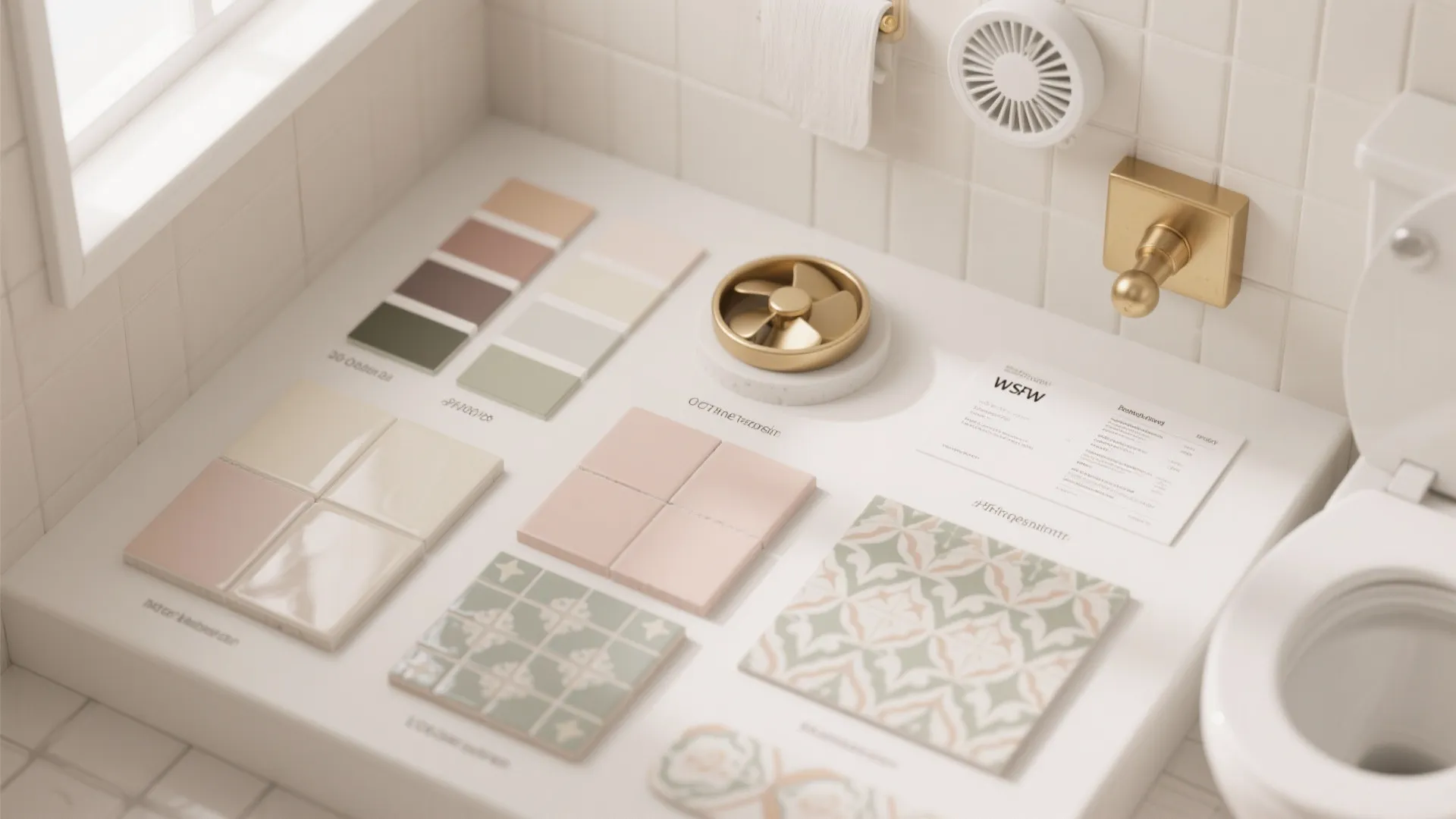 Bathroom design material board showing color samples and tiles next to a white toilet seat