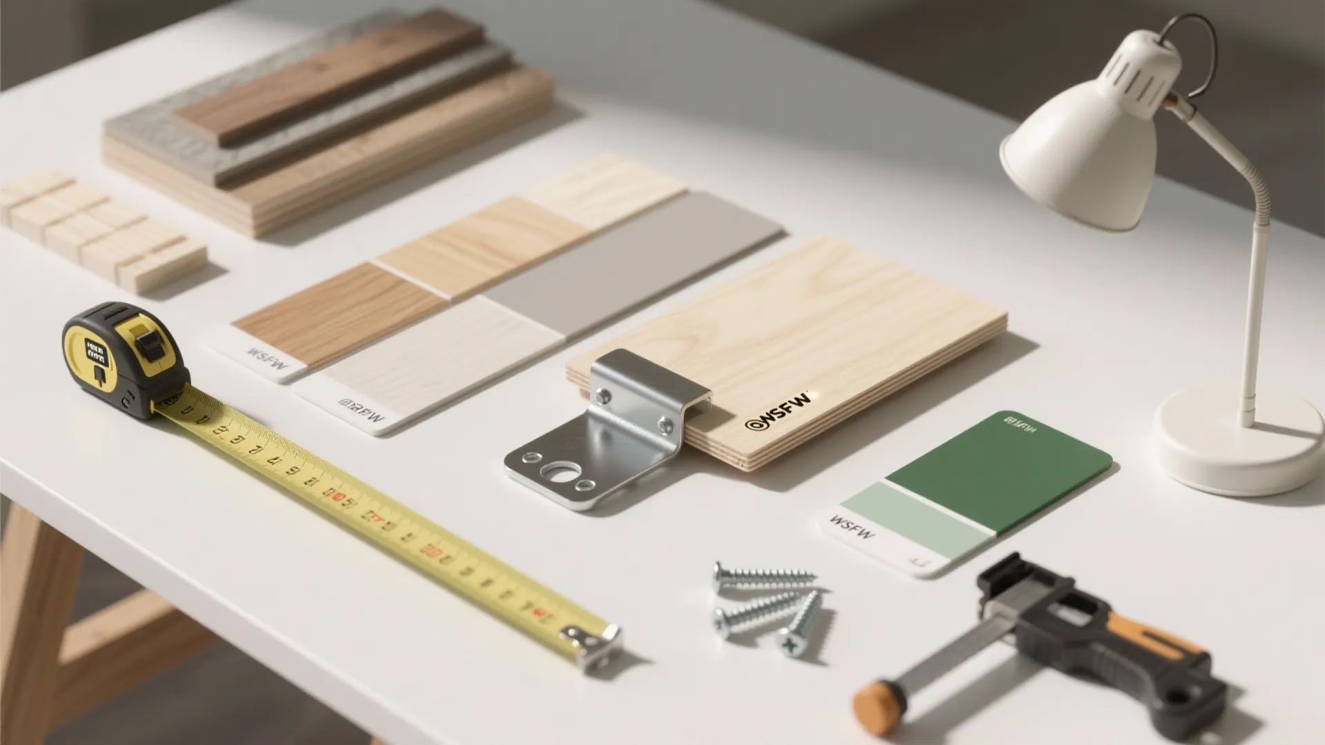 Top-down flatlay of plywood, laminate swatches, metal brackets, measuring tape and small tools for a compact desk build.
