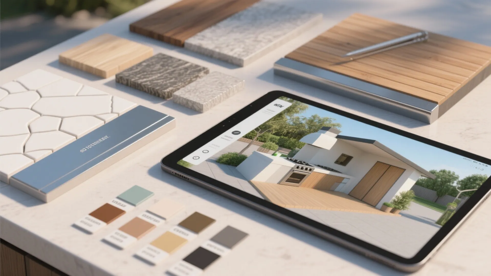 Table with interior design drawing on tablet surrounded by wood stone samples and color swatches