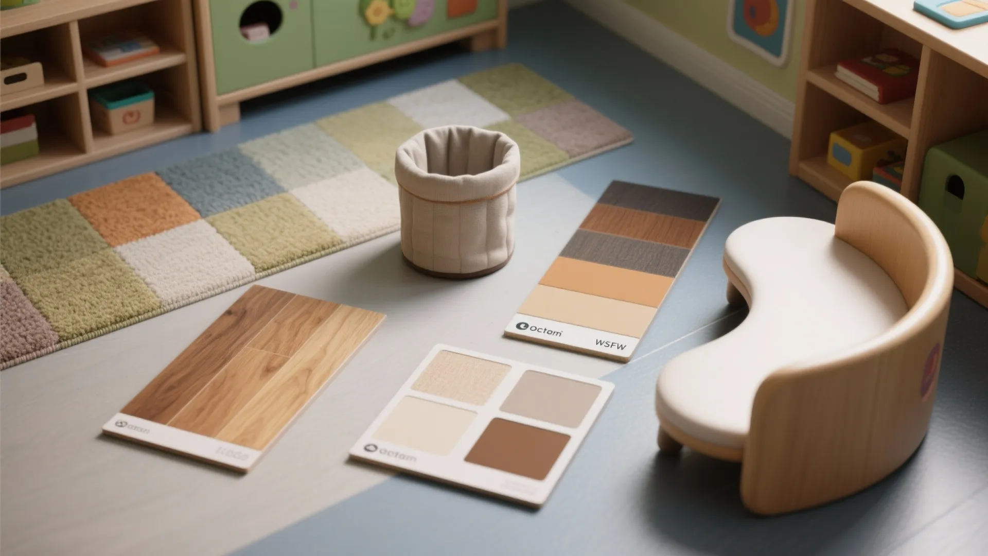 Interior design materials including wood flooring samples and color palette cards on a grey blue floor