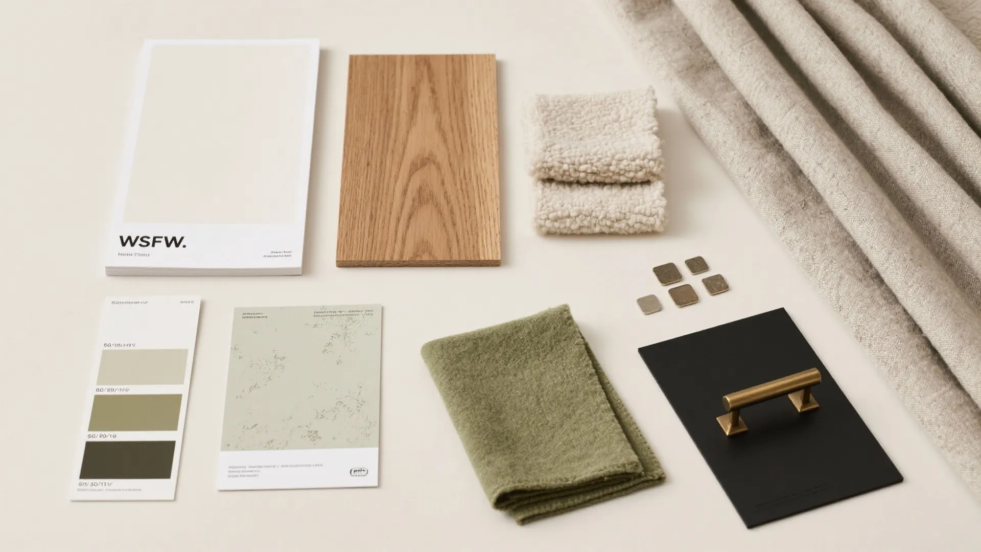 Interior design mood board with wood sample, fabric swatches, color cards, and brass handle hardware