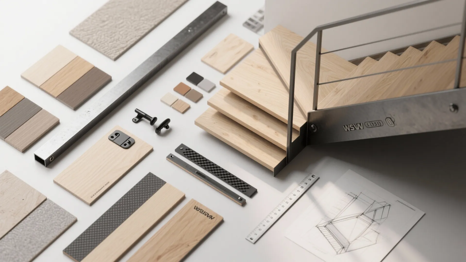 Interior design drawing with wood samples and metal pieces for a custom staircase project layout