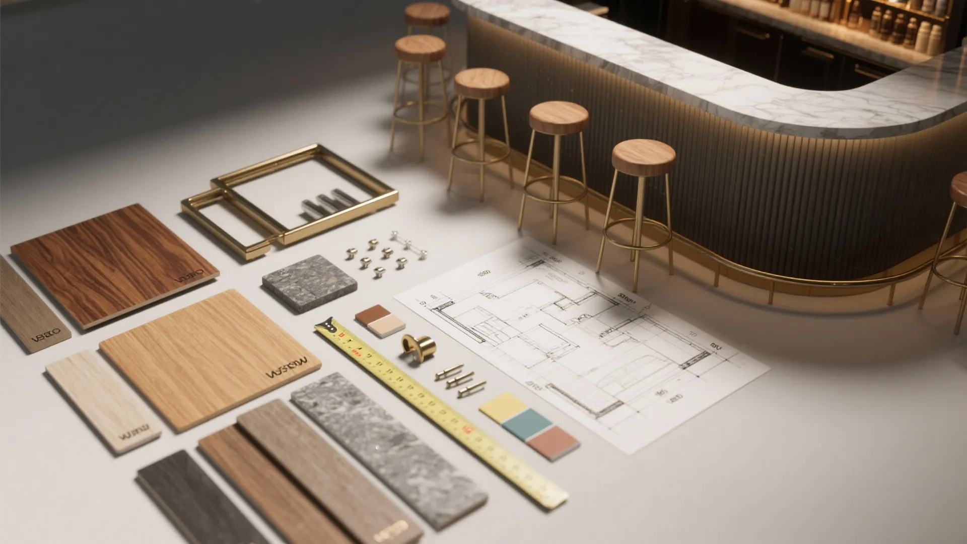 Interior design drawing with material samples measuring tape and bar stools on a white surface