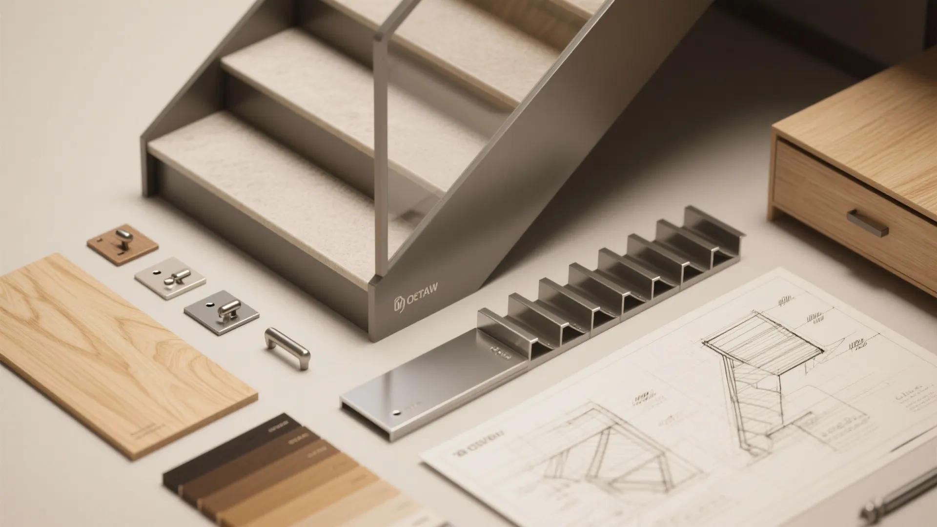 Interior design drawing with wood samples, metal hardware, color swatches, and small grey stairs model