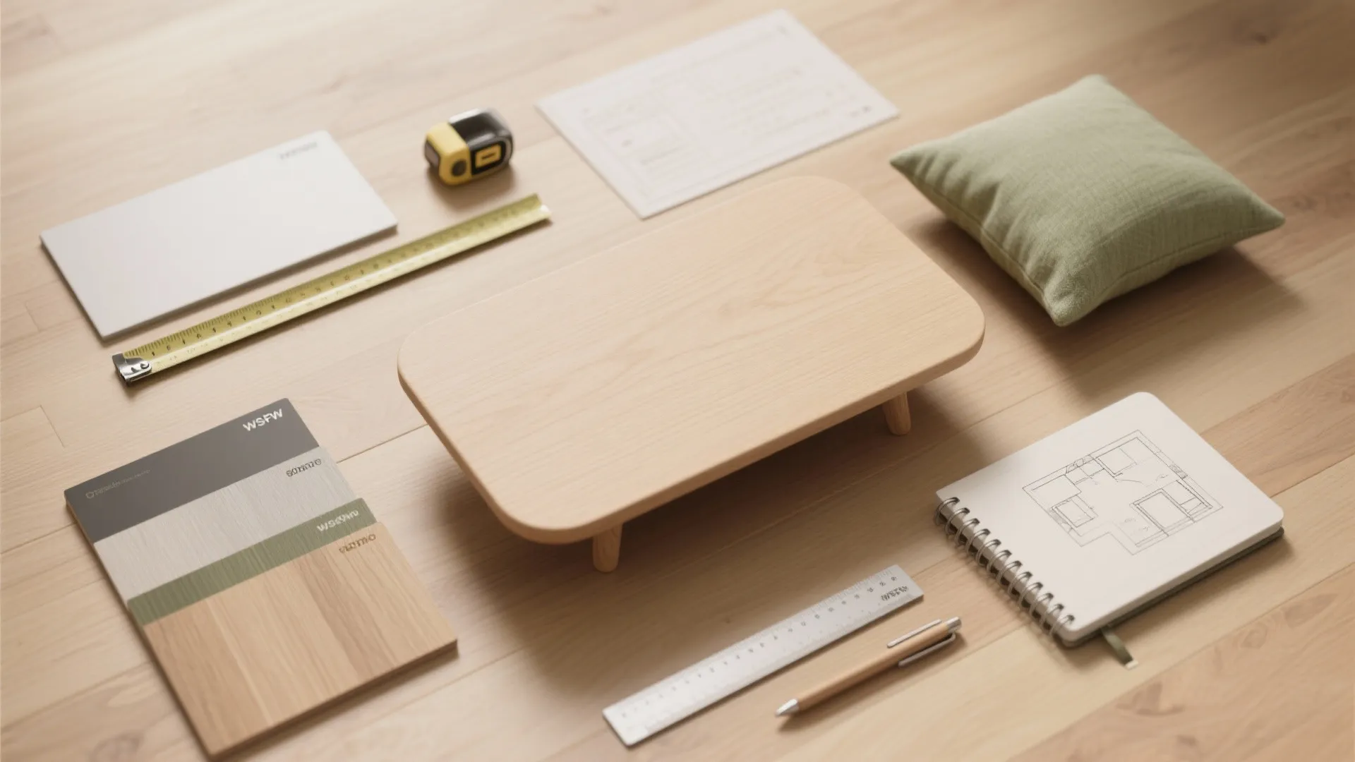 Top-down flatlay of wood, laminate and fabric samples with measuring tape and small floor plan sketches for rectangle table planning.