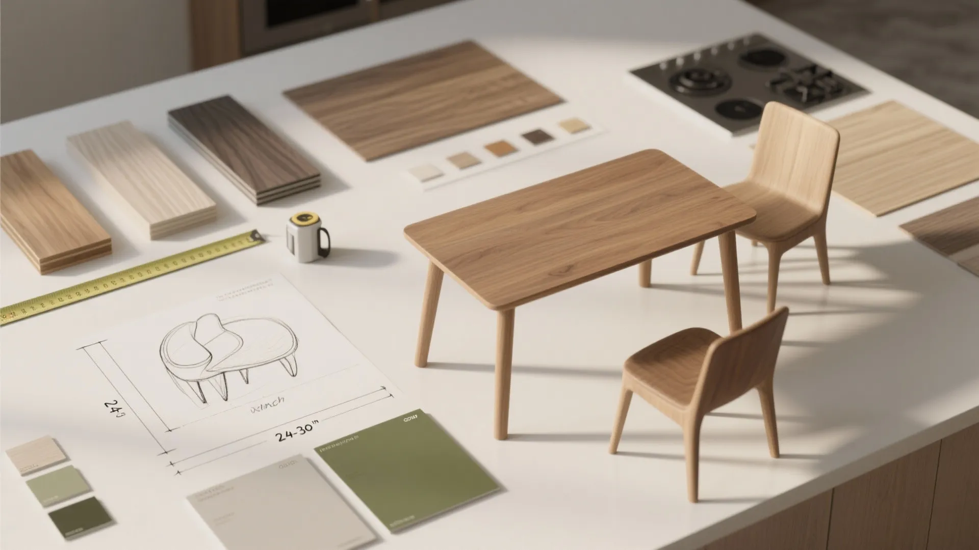 Flatlay of wood and laminate samples, measuring tape and dimension sketch for choosing a small rectangular table.
