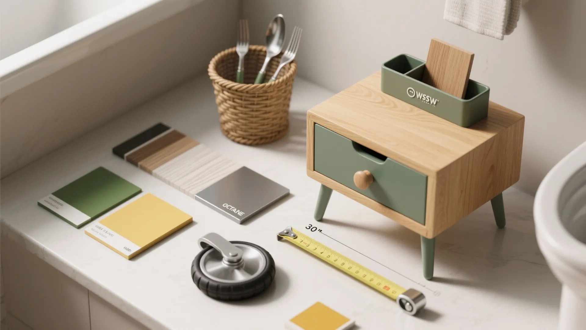 Top-down flatlay of material swatches, organizers, and a tape measure illustrating moisture-resistant choices and clearance tips.