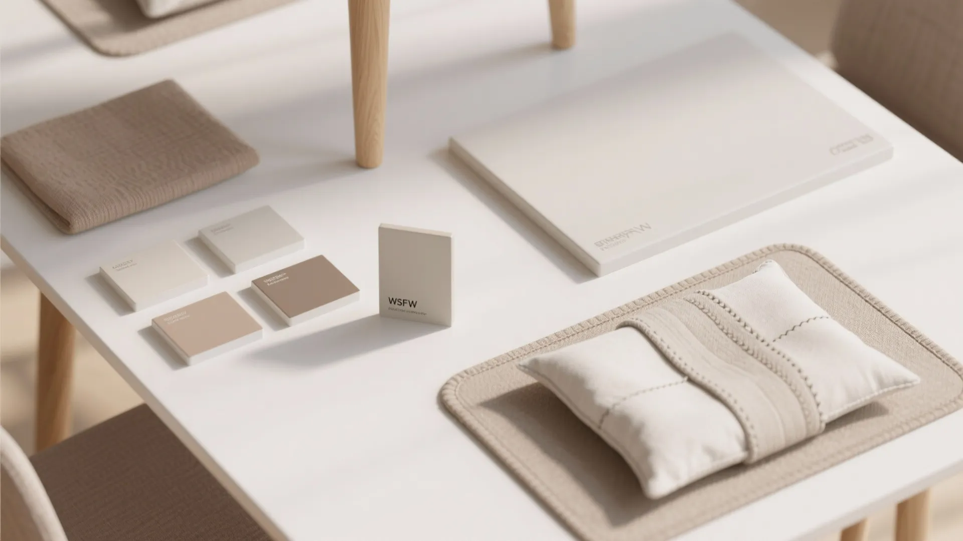 Interior design materials flat lay with color swatches fabric samples and wooden legs on white table